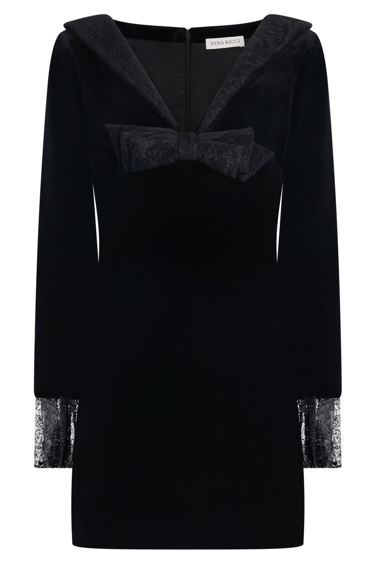 NINA RICCI RTW V Neck Velvet L/S Mini Dress With Lace Bow | Black