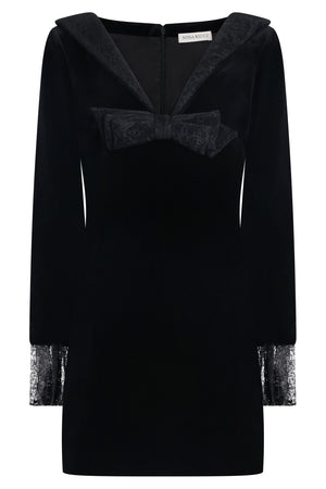 NINA RICCI RTW V Neck Velvet L/S Mini Dress With Lace Bow | Black