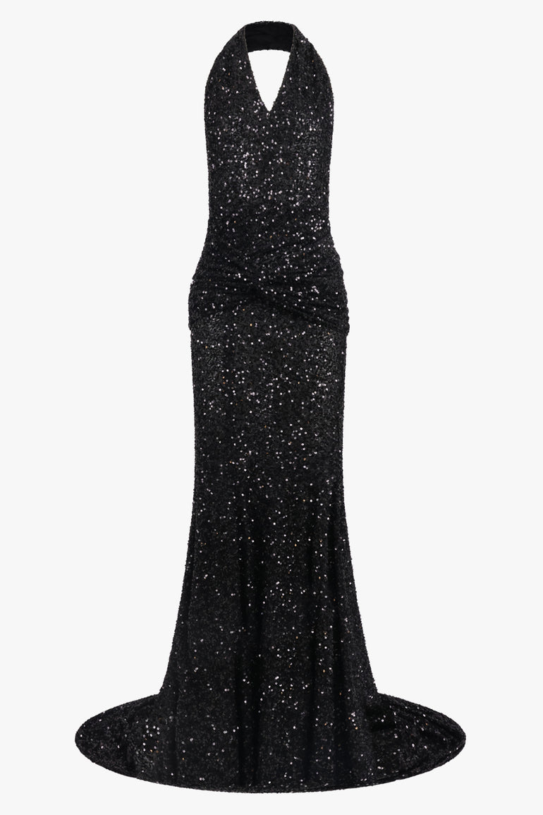 PATOU RTW Sequin Halter V Neck Maxi Dress With Train | Black