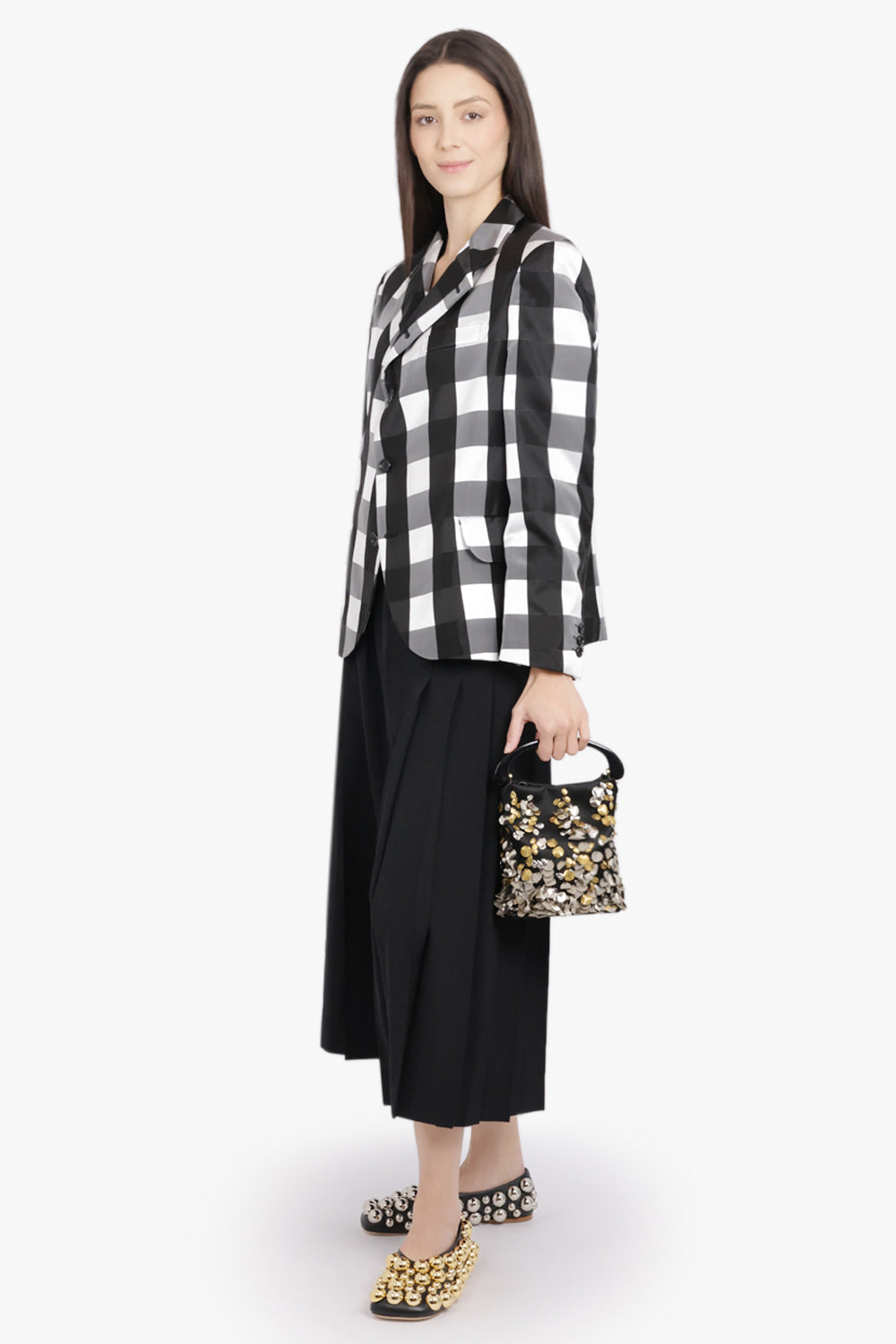 COMME DES GARCONS RTW Big Check Print Tailored Jacket With Curved Front | Black/White