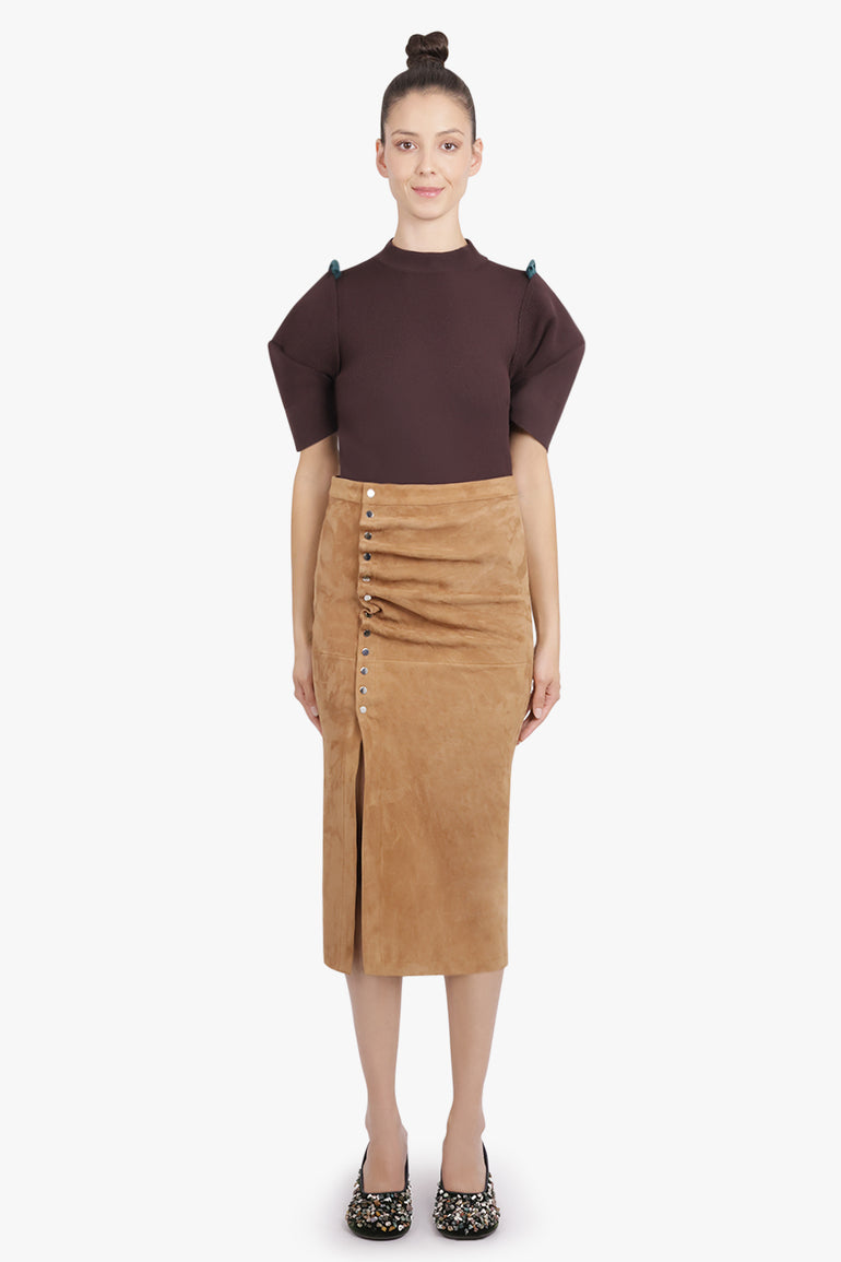 RABANNE RTW Asymmetric Ruched Leather Midi Skirt | New Caramel