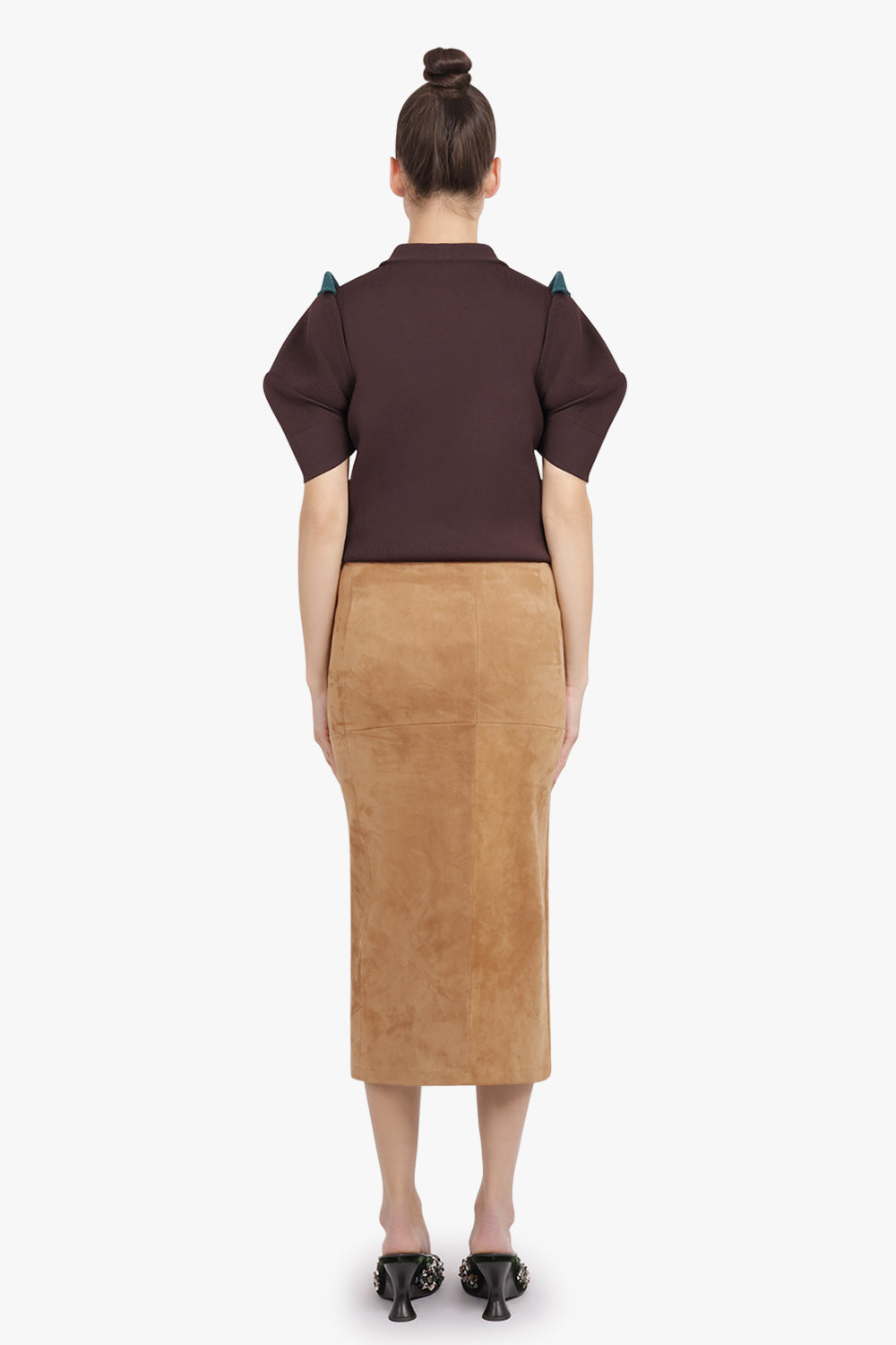 RABANNE RTW Asymmetric Ruched Leather Midi Skirt | New Caramel