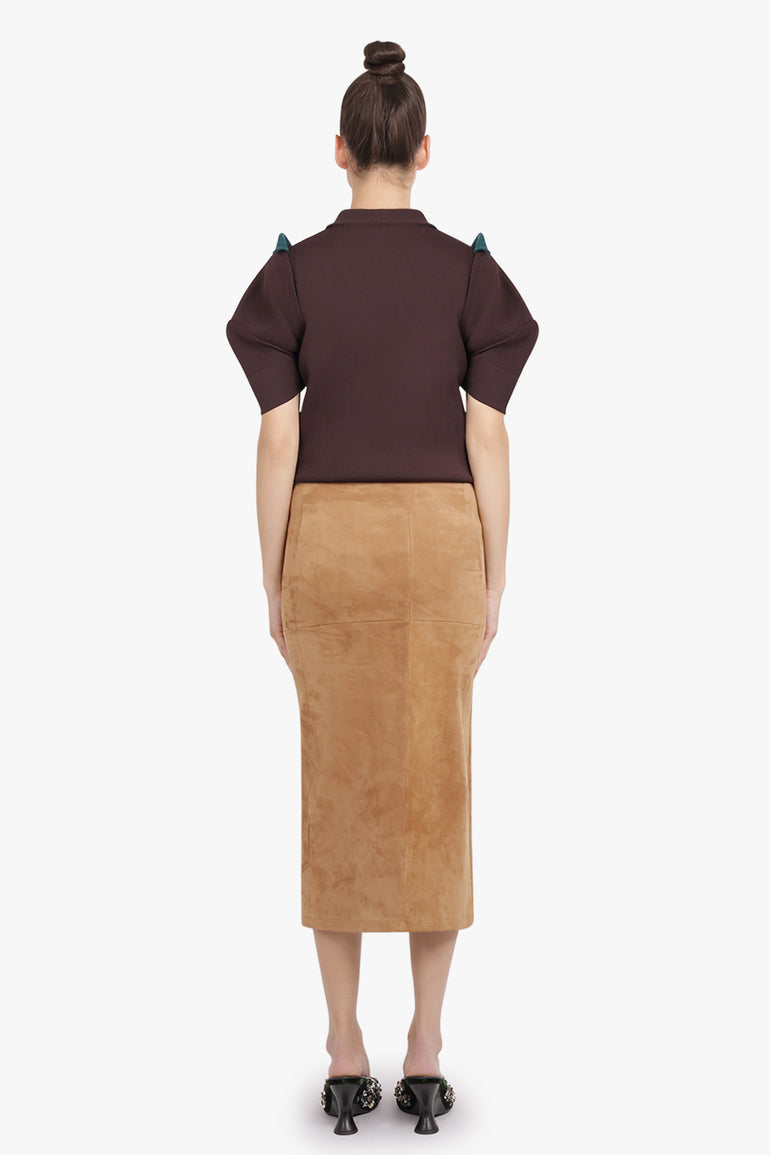 RABANNE RTW Asymmetric Ruched Leather Midi Skirt | New Caramel