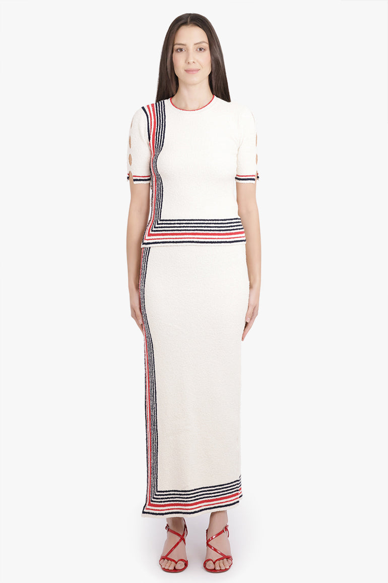 RABANNE RTW Boucle Stripe Cut-Out Maxi Knit Skirt | Cream/Navy/Red