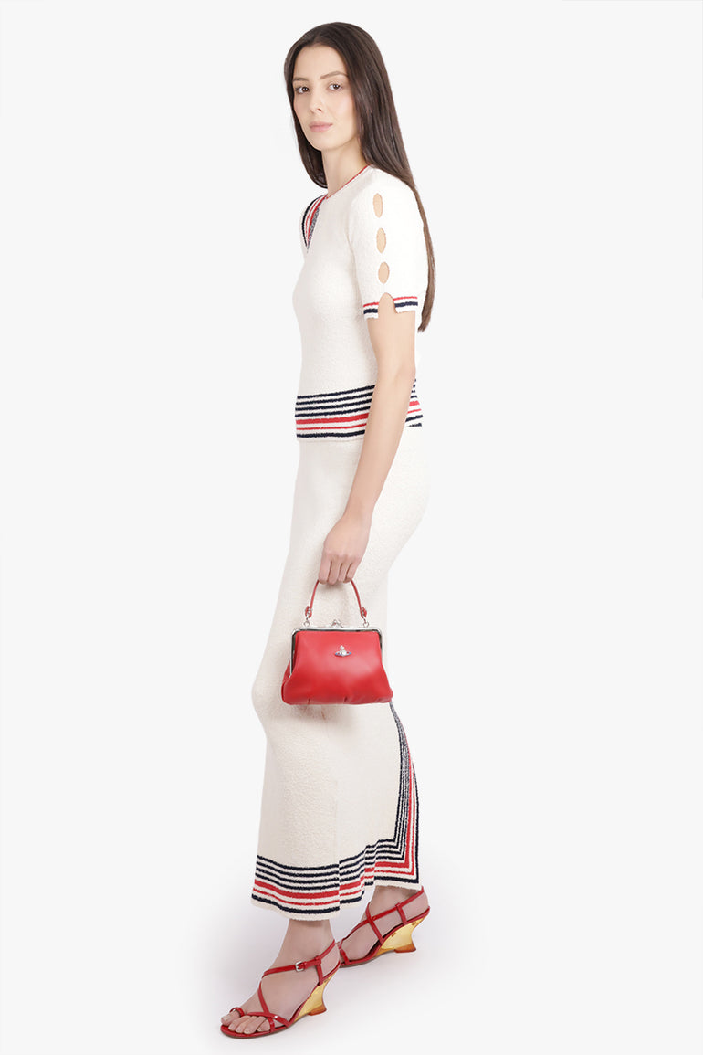 RABANNE RTW Boucle Stripe Cut-Out Maxi Knit Skirt | Cream/Navy/Red