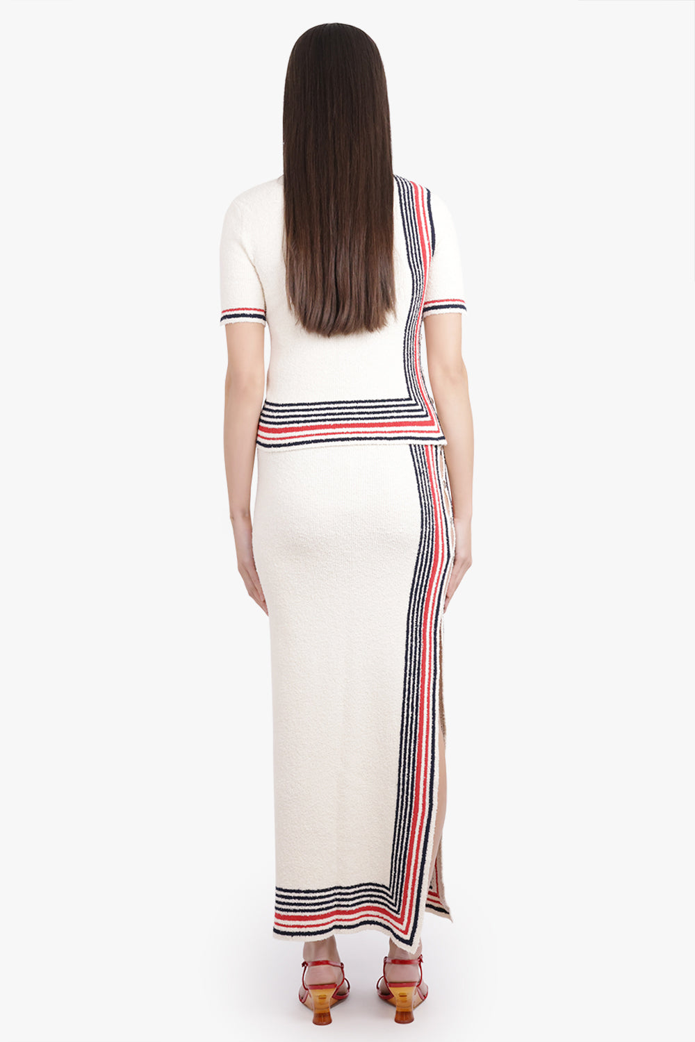 RABANNE RTW Boucle Stripe Cut-Out Maxi Knit Skirt | Cream/Navy/Red