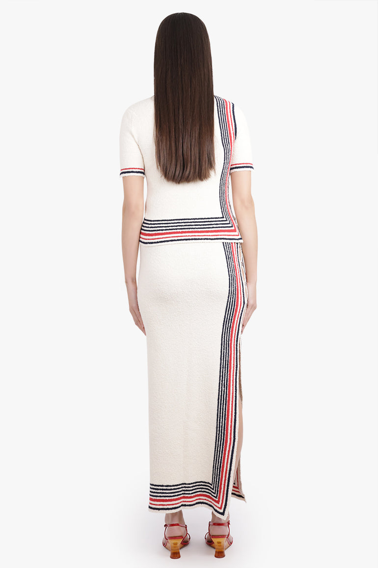 RABANNE RTW Boucle Stripe Cut-Out Maxi Knit Skirt | Cream/Navy/Red