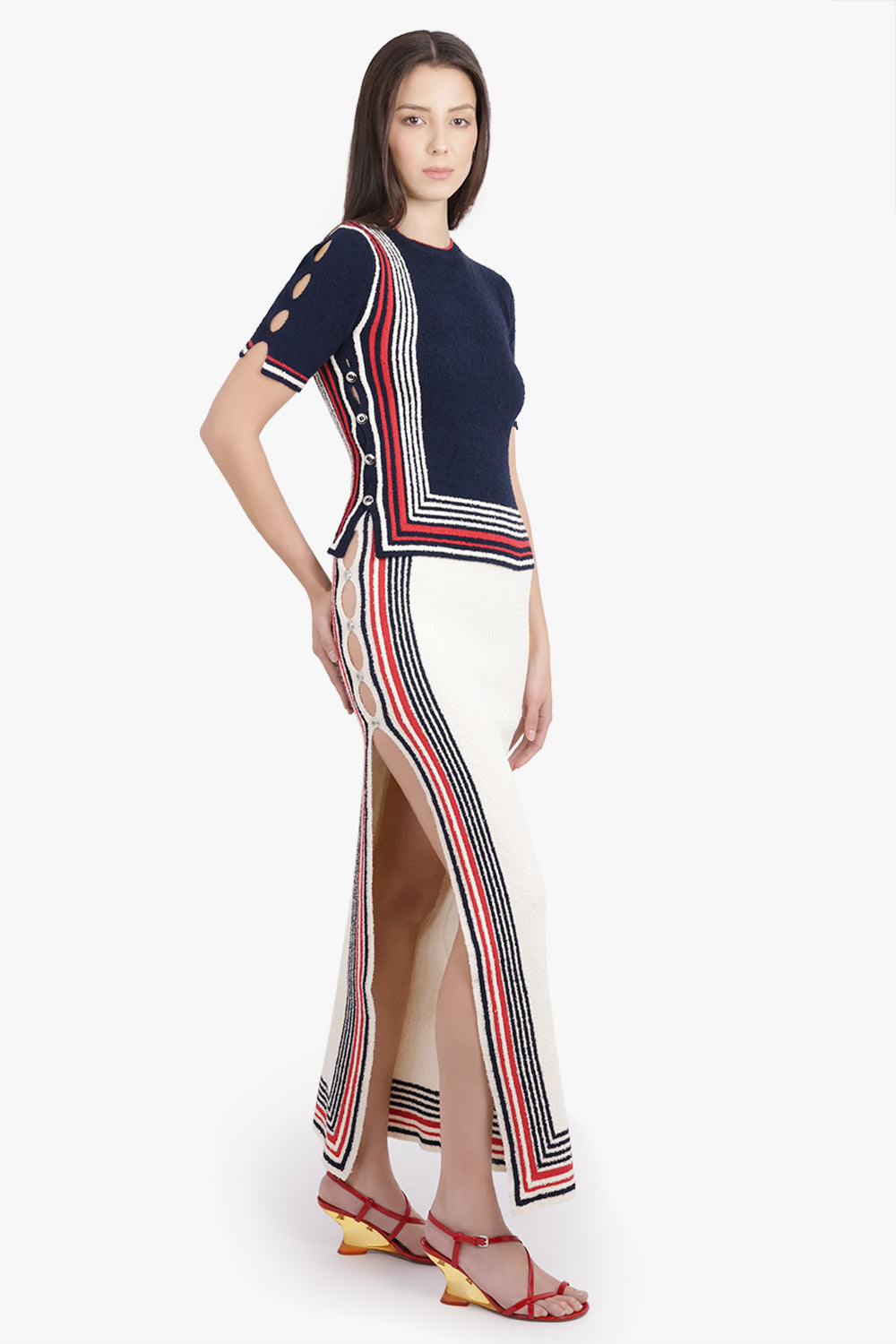 RABANNE RTW Boucle Stripe Cut-Out Maxi Knit Skirt | Cream/Navy/Red