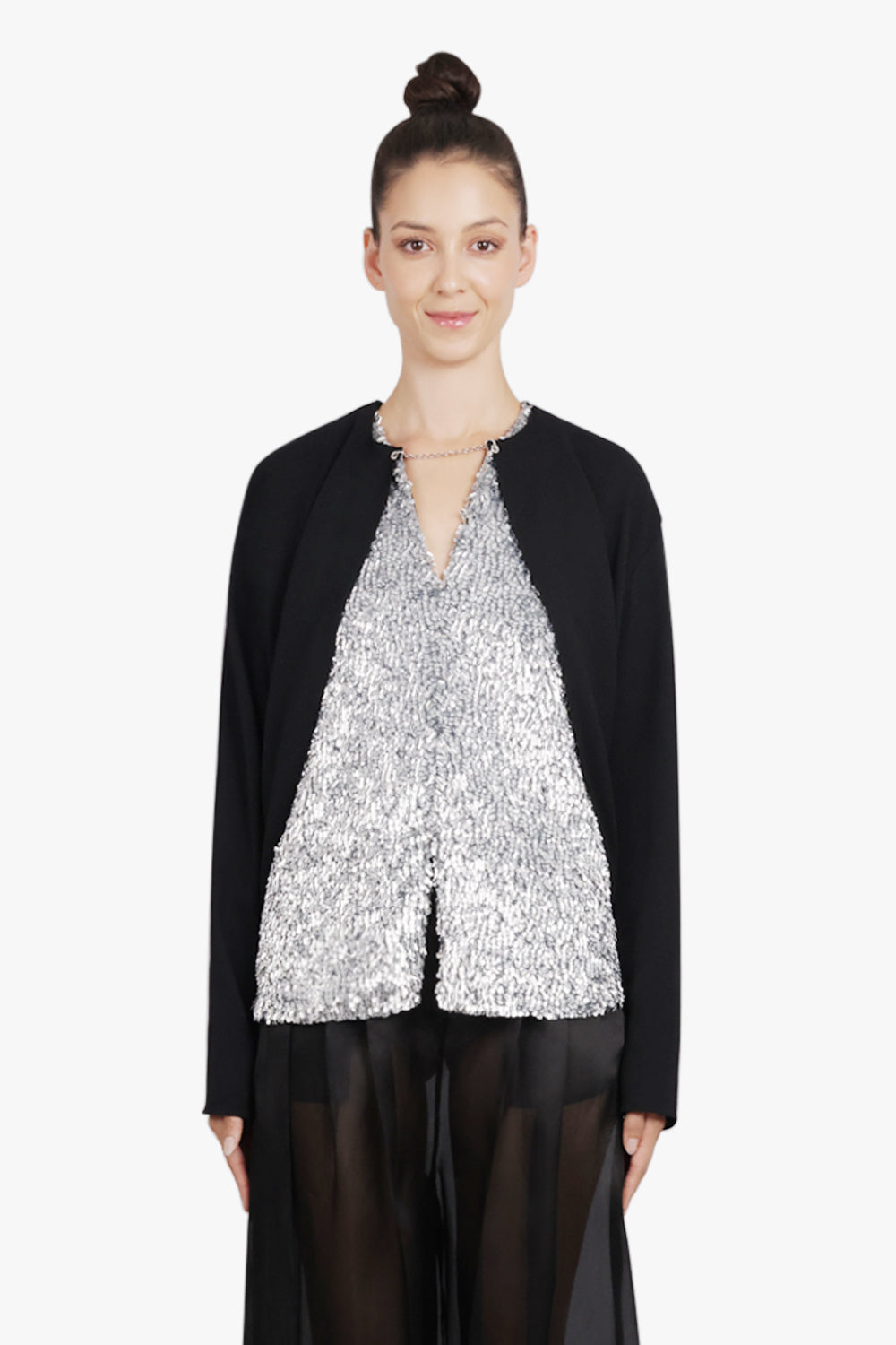 RABANNE RTW Contrast Sequin Panel L/S Top | Black/Silver