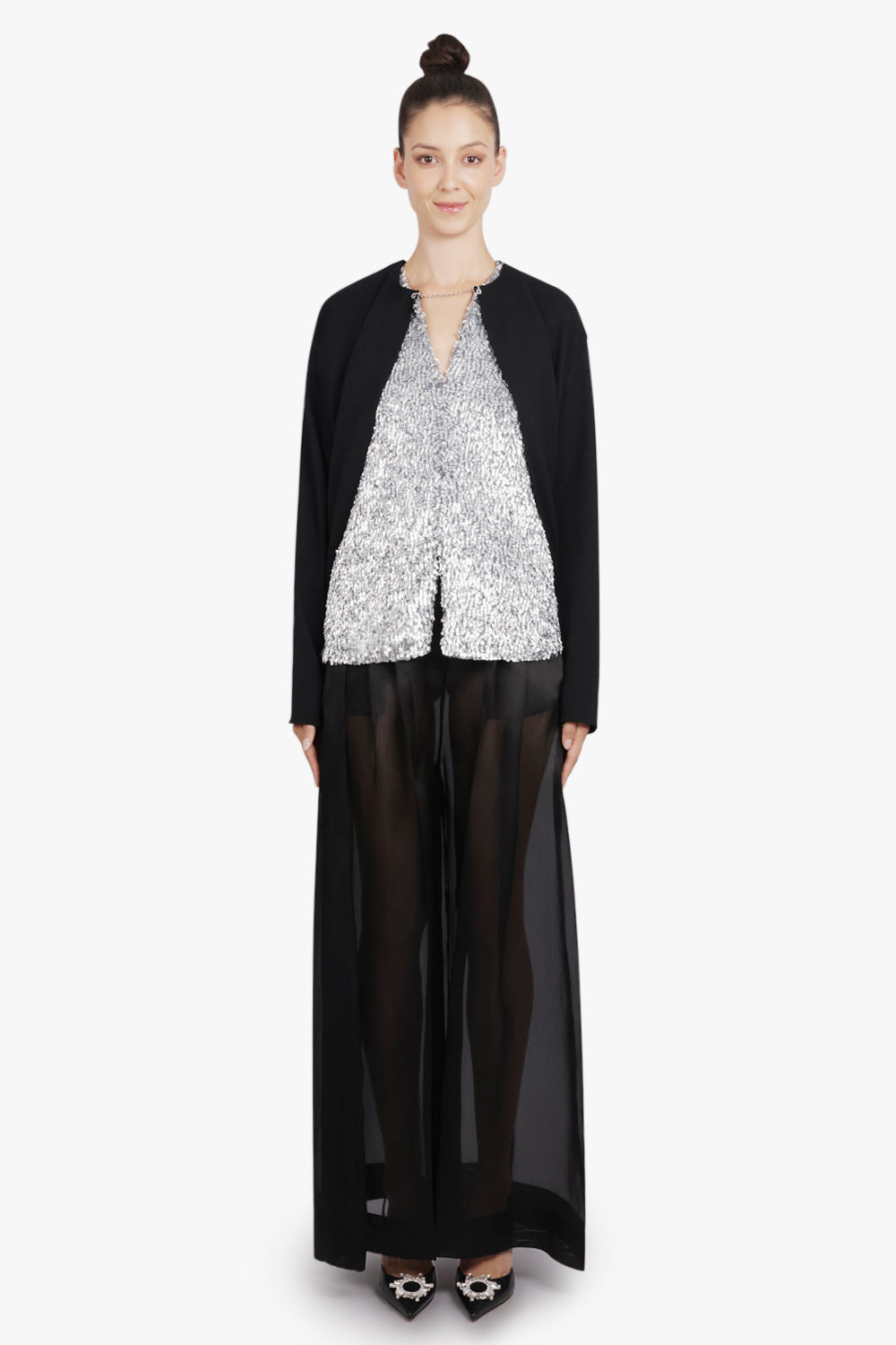 RABANNE RTW Contrast Sequin Panel L/S Top | Black/Silver