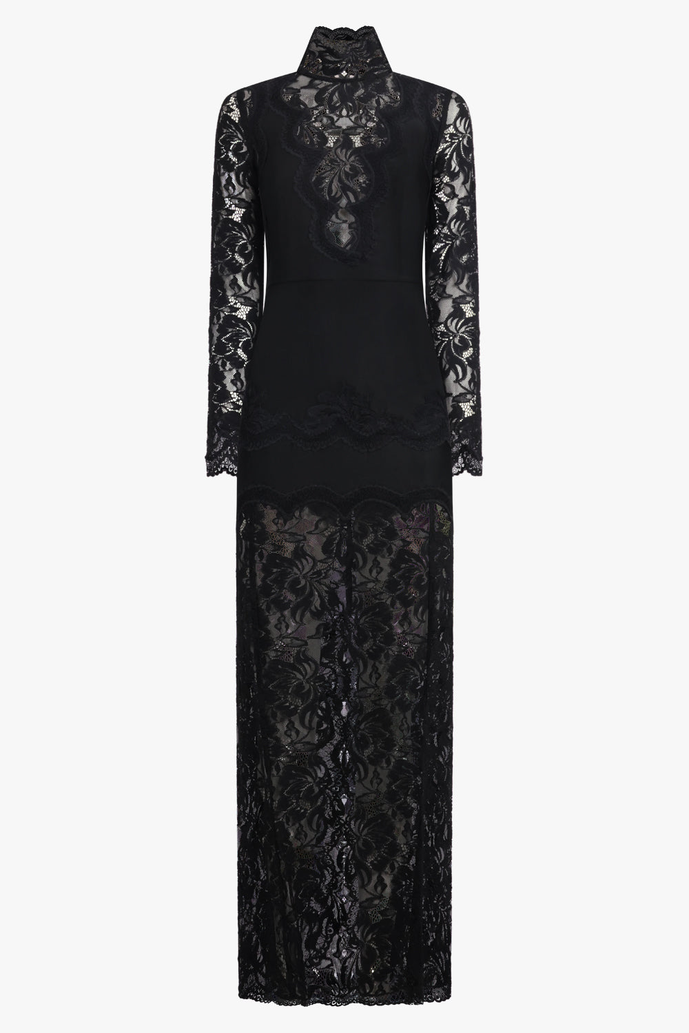 RABANNE RTW High Neck L/S Lace Maxi Dress With V Neckline Detail | Black