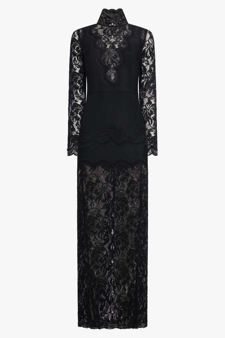 RABANNE RTW High Neck L/S Lace Maxi Dress With V Neckline Detail | Black