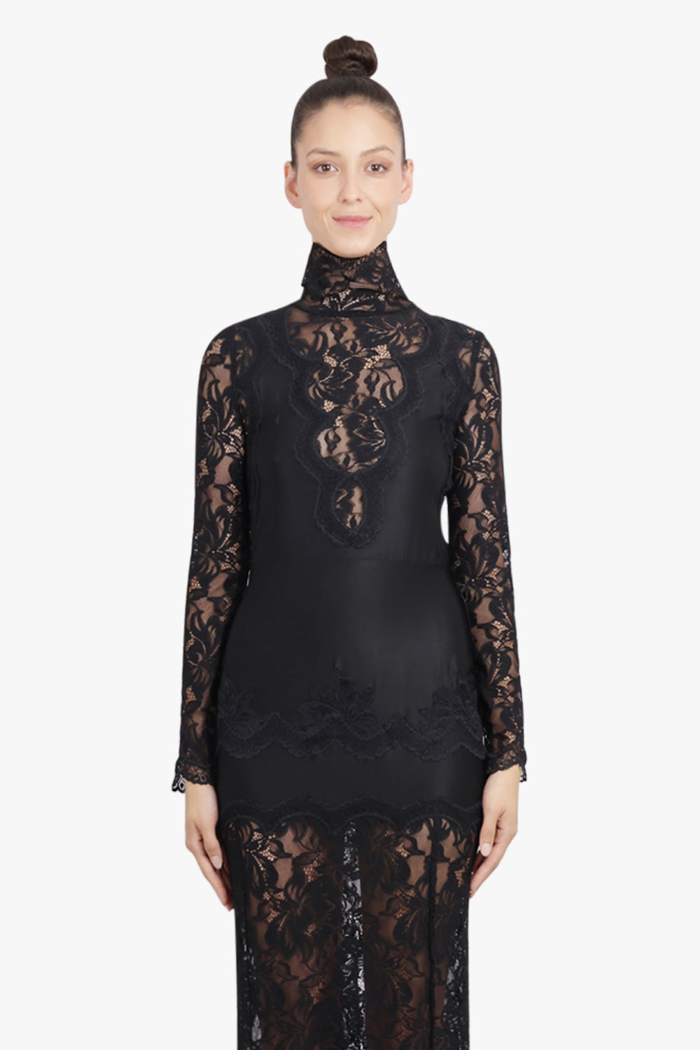 RABANNE RTW High Neck L/S Lace Maxi Dress With V Neckline Detail | Black