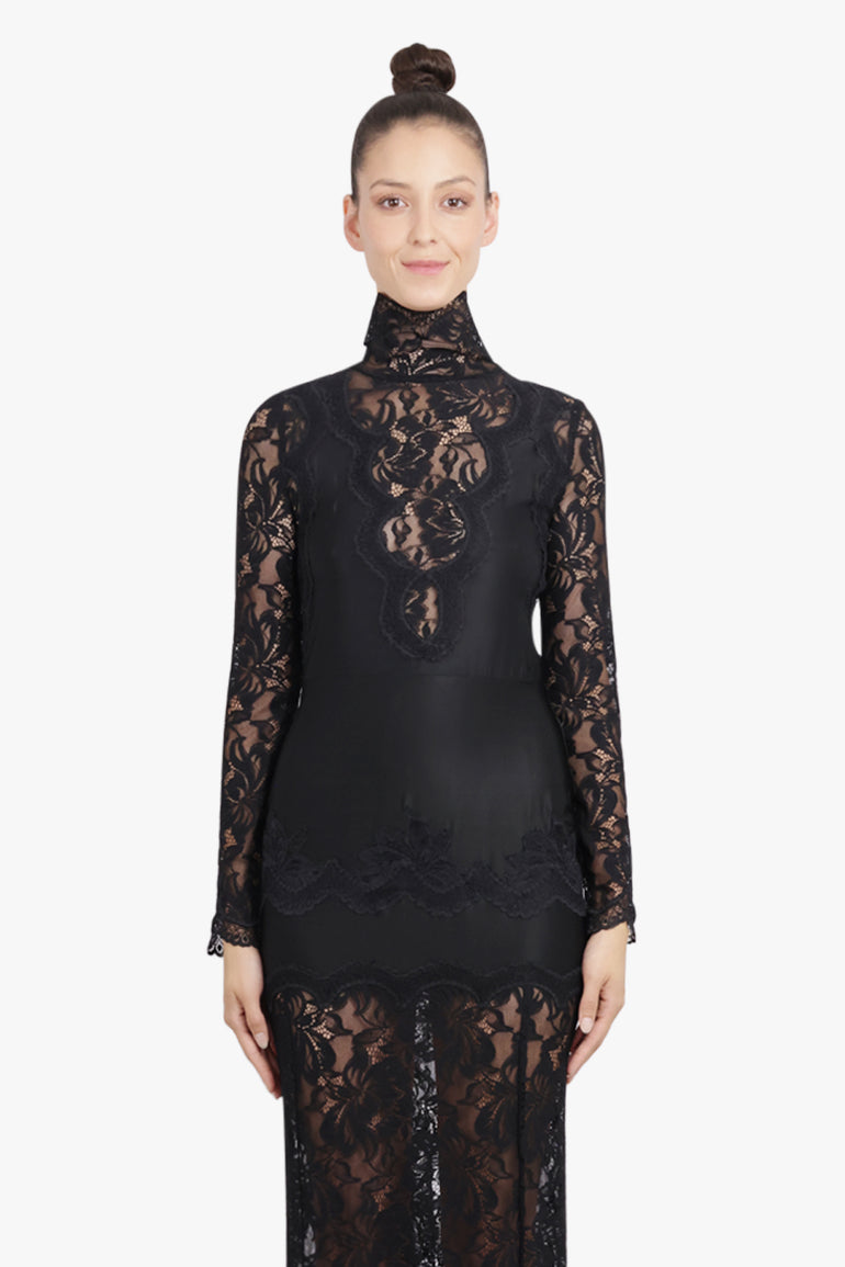 RABANNE RTW High Neck L/S Lace Maxi Dress With V Neckline Detail | Black