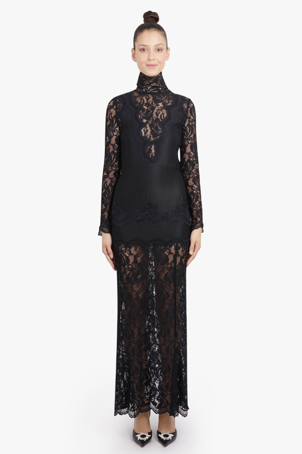 RABANNE RTW High Neck L/S Lace Maxi Dress With V Neckline Detail | Black