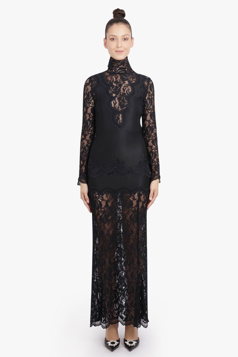 RABANNE RTW High Neck L/S Lace Maxi Dress With V Neckline Detail | Black