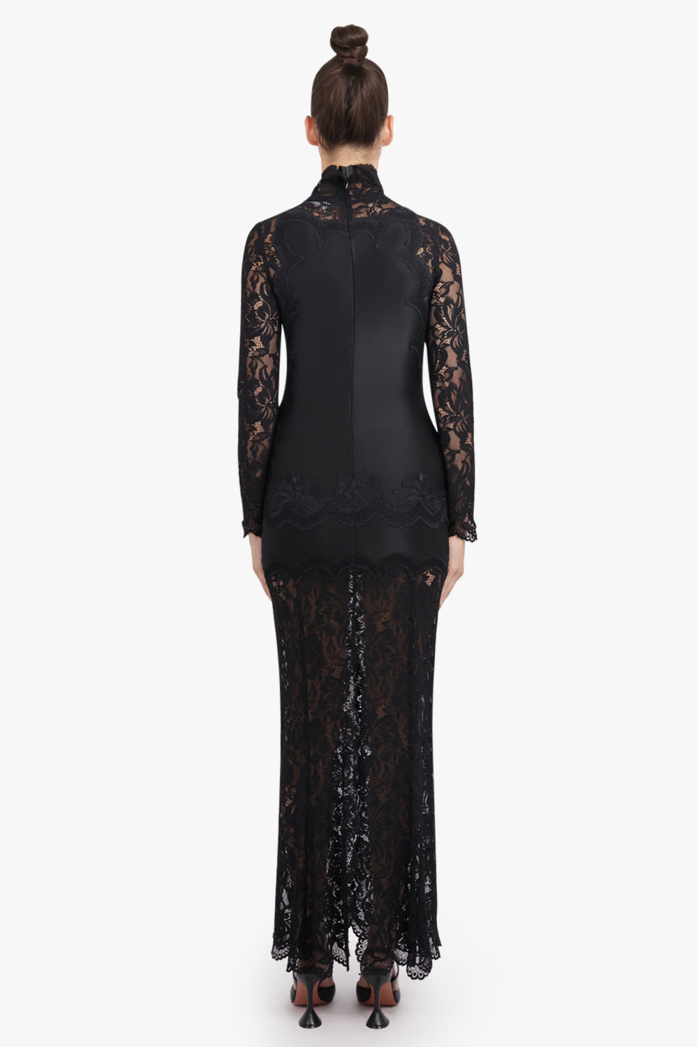 RABANNE RTW High Neck L/S Lace Maxi Dress With V Neckline Detail | Black