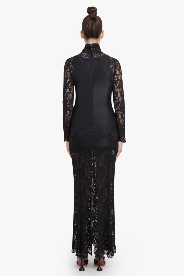 RABANNE RTW High Neck L/S Lace Maxi Dress With V Neckline Detail | Black