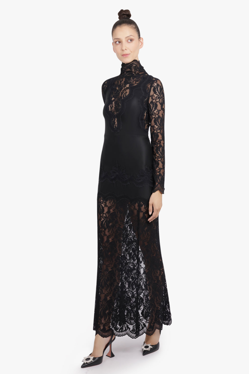 RABANNE RTW High Neck L/S Lace Maxi Dress With V Neckline Detail | Black