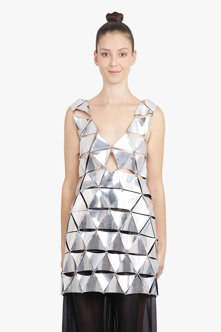 RABANNE RTW Iconic Triangle Open Back S/Less Mini Dress | Mirror Silver