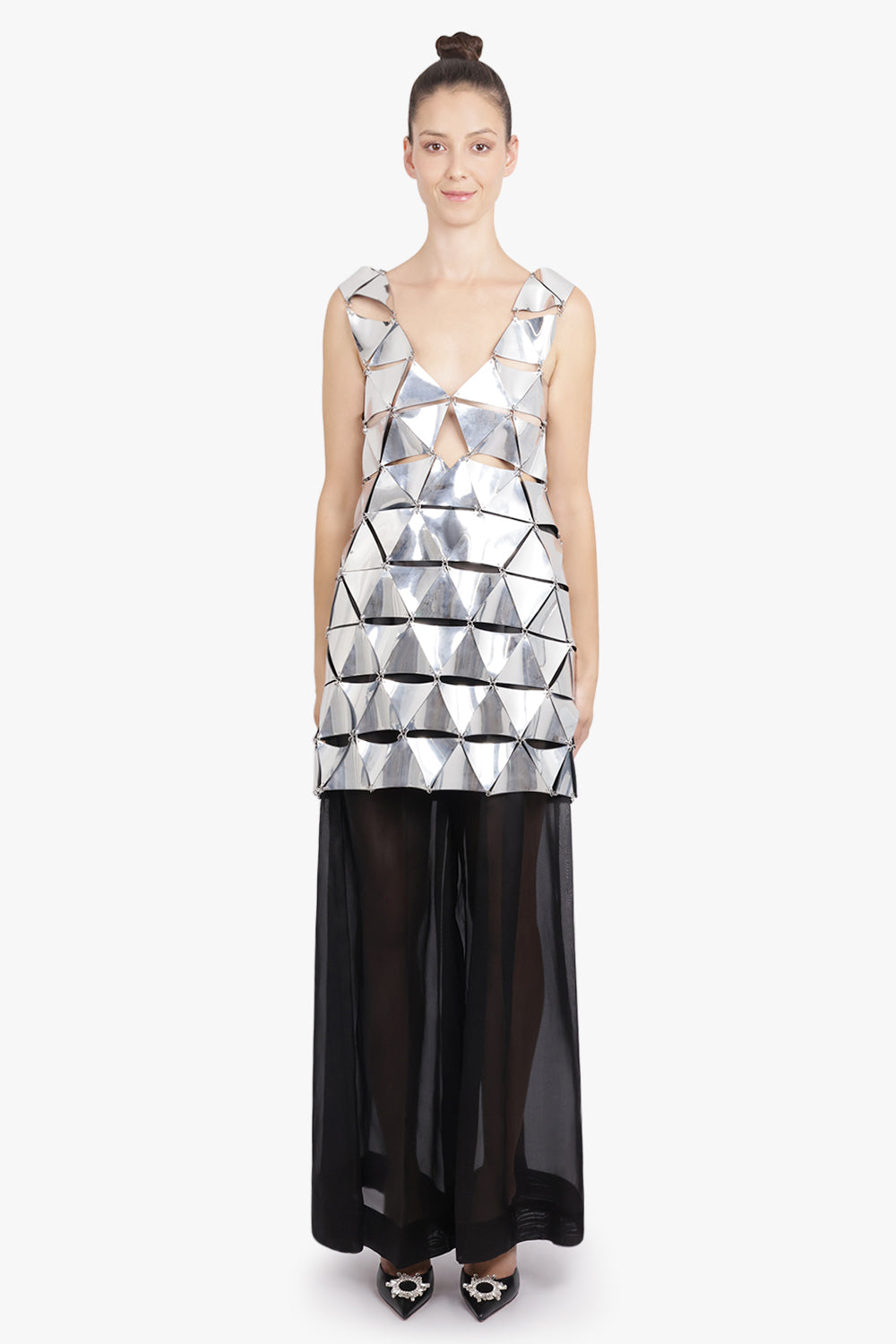 RABANNE RTW Iconic Triangle Open Back S/Less Mini Dress | Mirror Silver