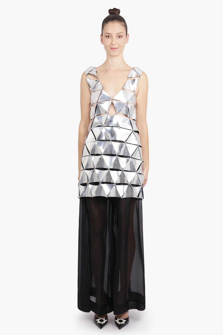 RABANNE RTW Iconic Triangle Open Back S/Less Mini Dress | Mirror Silver