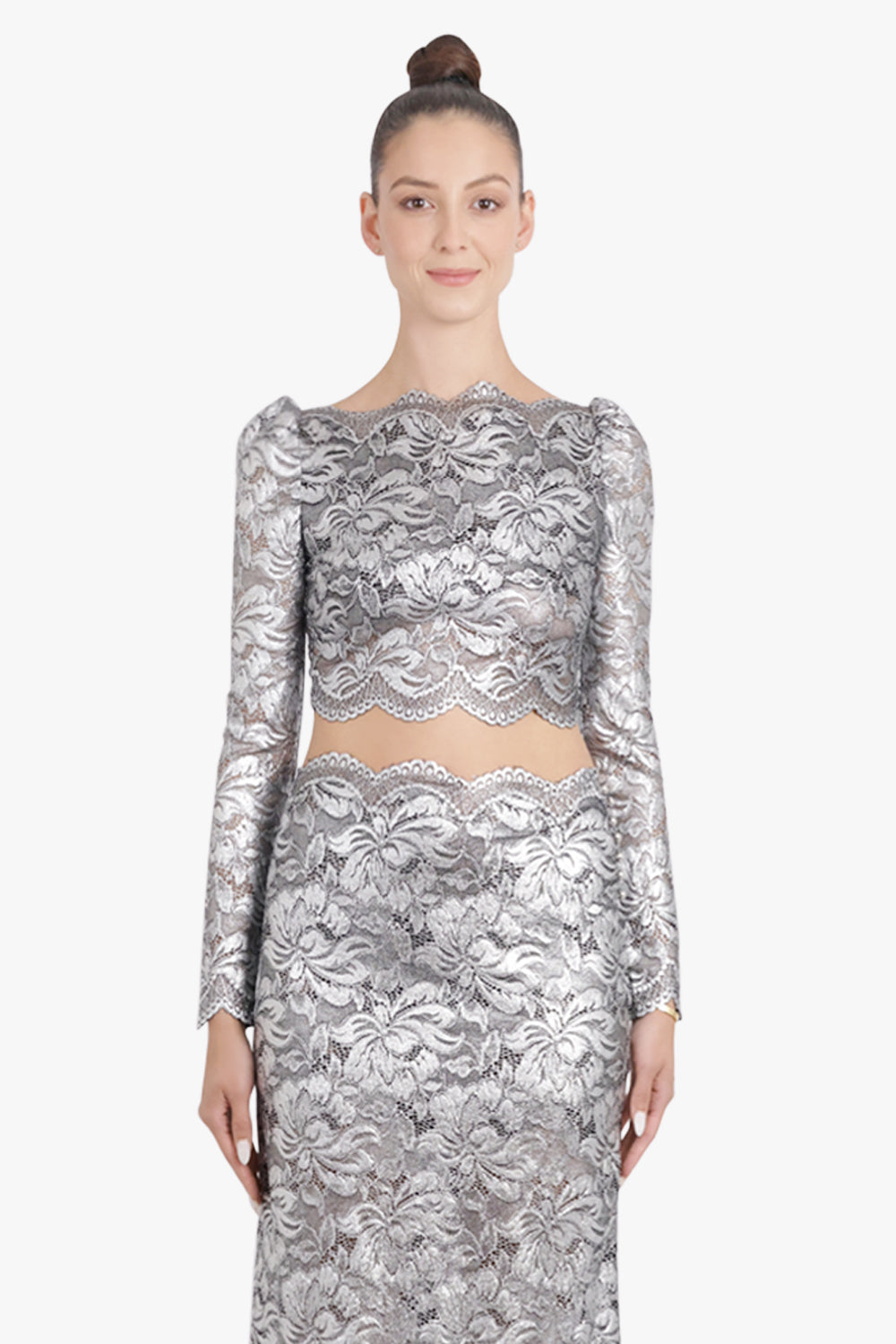 RABANNE RTW Metallic Cropped Lace L/S Top | Silver