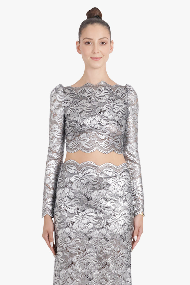 RABANNE RTW Metallic Cropped Lace L/S Top | Silver