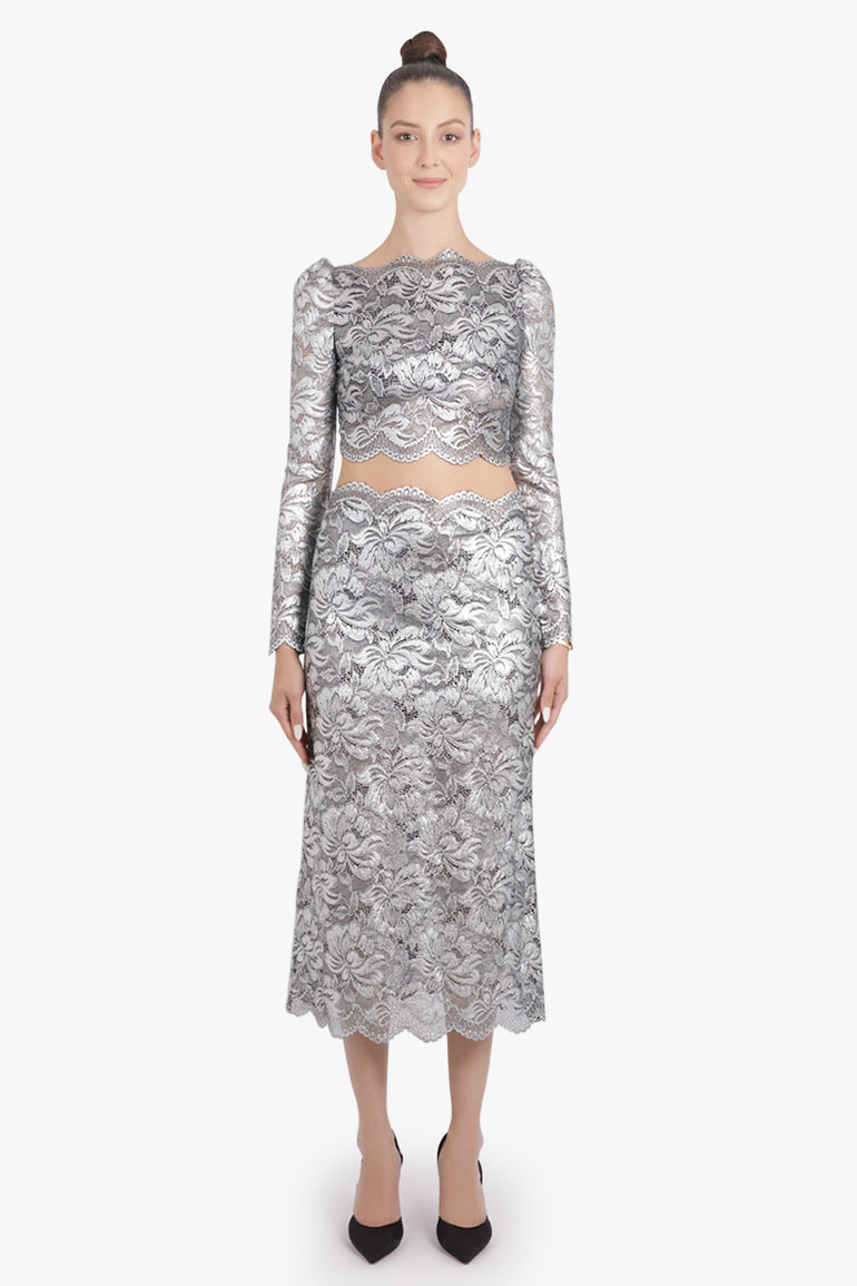 RABANNE RTW Metallic Cropped Lace L/S Top | Silver