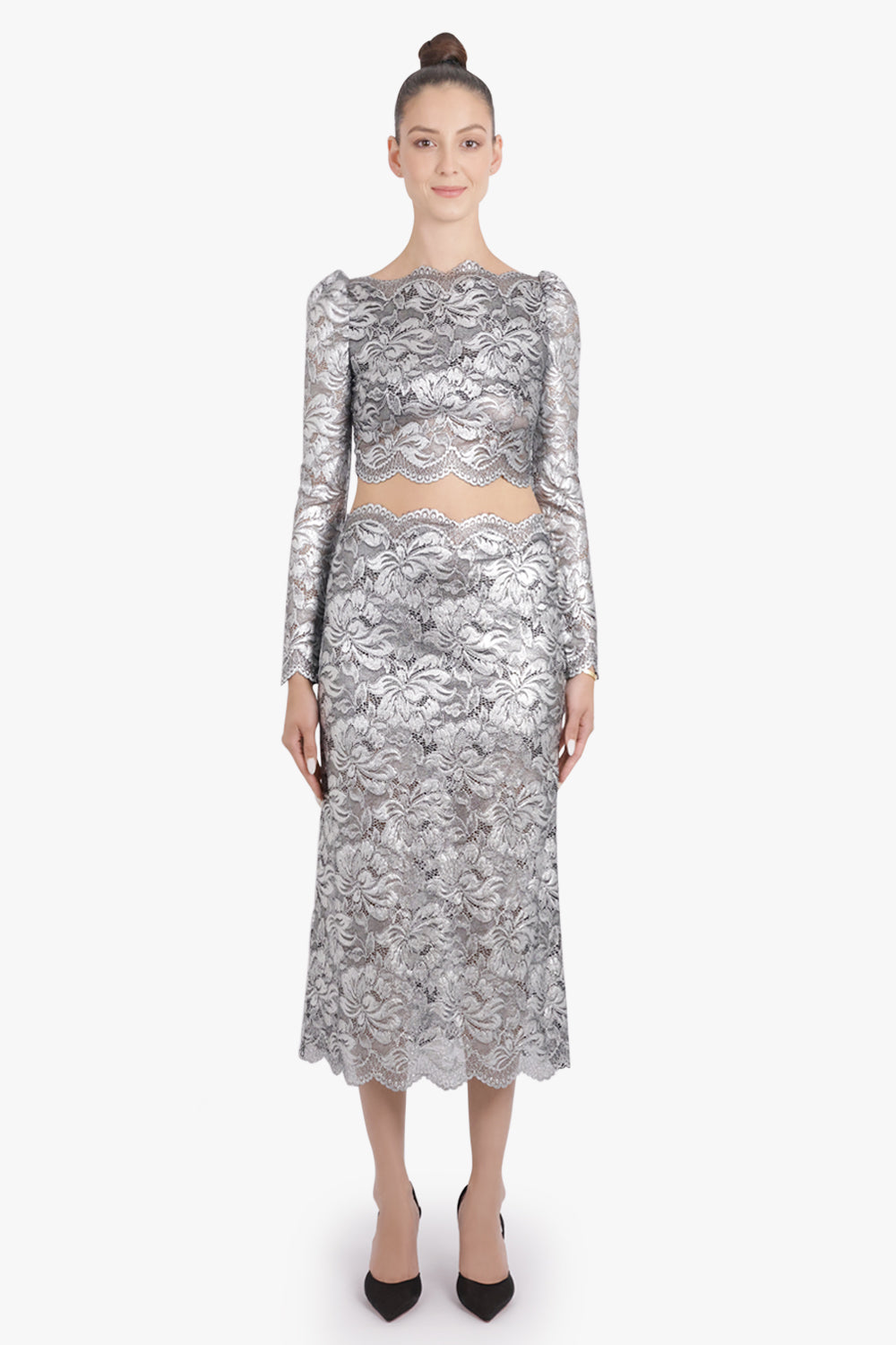 RABANNE RTW Metallic Lace Straight Midi Skirt | Silver