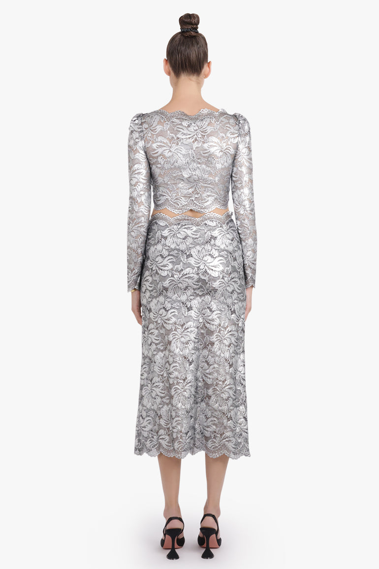 RABANNE RTW Metallic Cropped Lace L/S Top | Silver