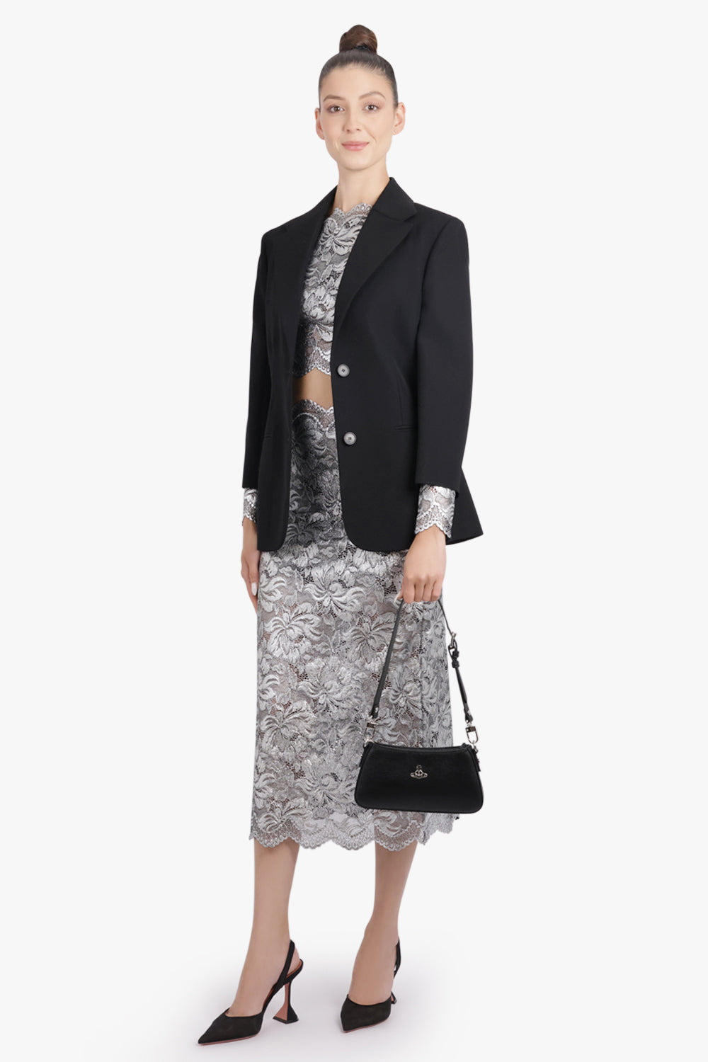 RABANNE RTW Metallic Lace Straight Midi Skirt | Silver