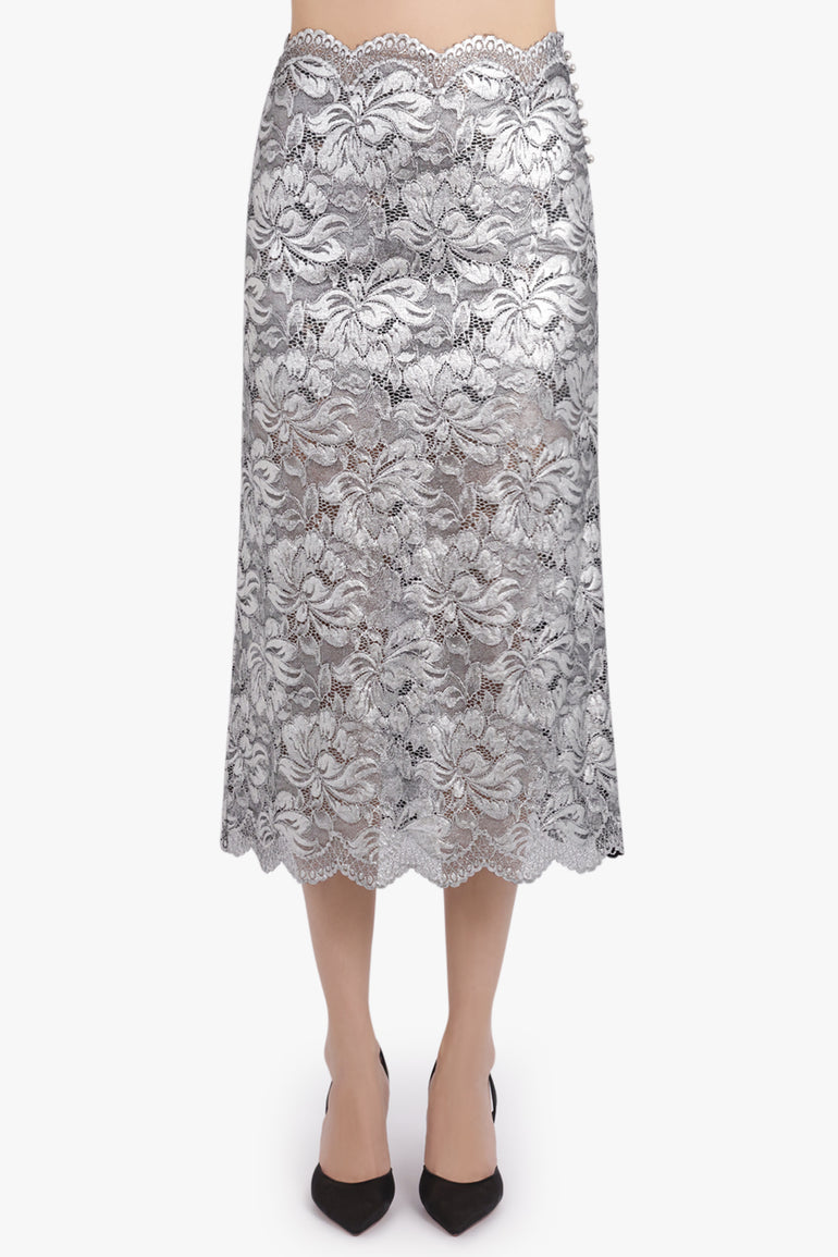 RABANNE RTW Metallic Lace Straight Midi Skirt | Silver