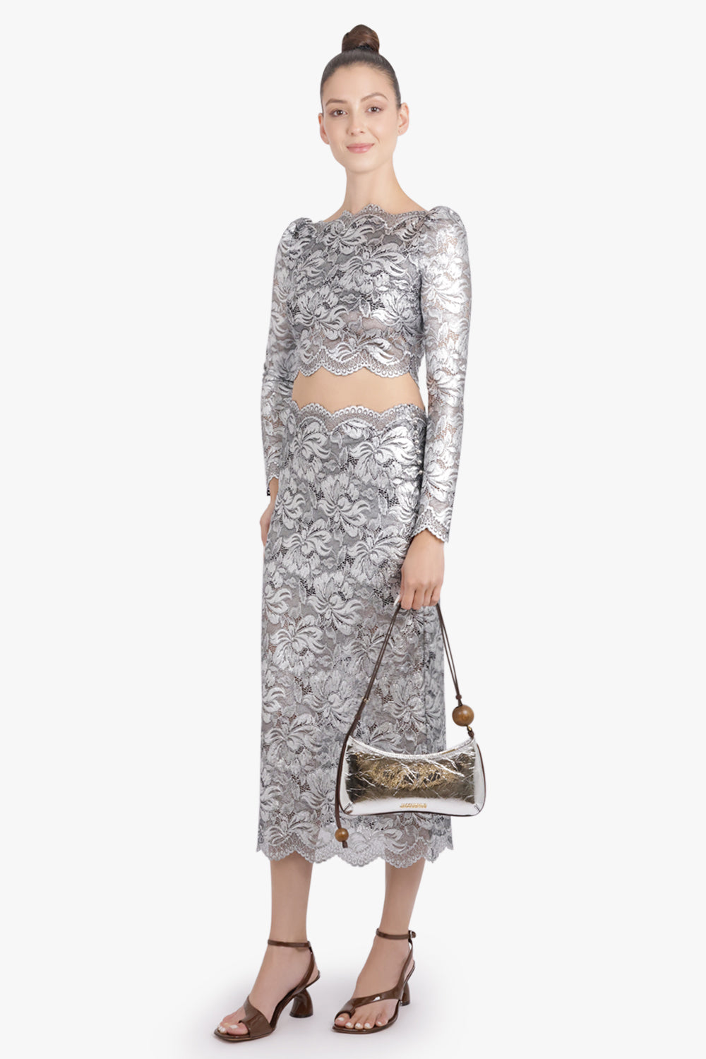 RABANNE RTW Metallic Lace Straight Midi Skirt | Silver