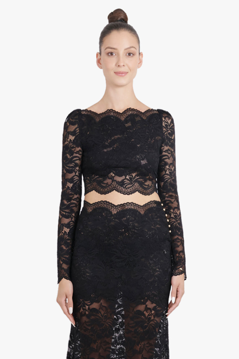 RABANNE RTW Cropped Lace L/S Top | Black