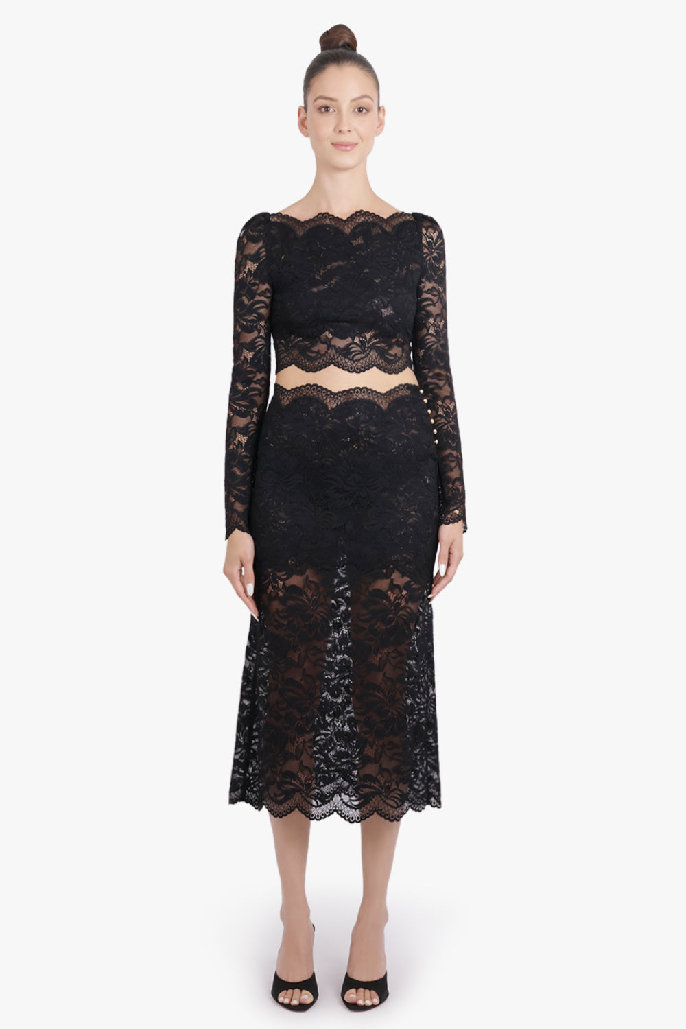 RABANNE RTW Lace Straight Midi Skirt | Black