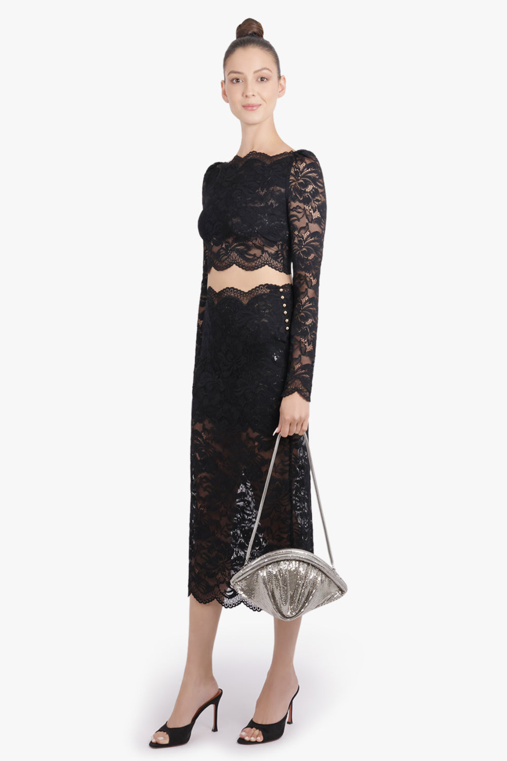 RABANNE RTW Lace Straight Midi Skirt | Black