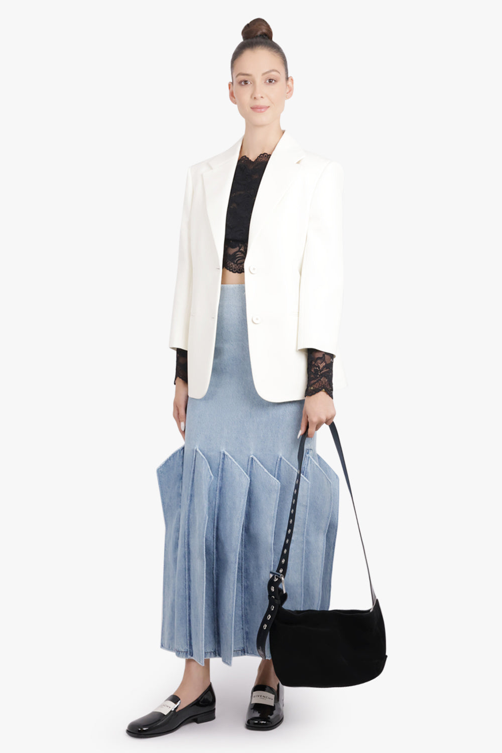 AWAKE MODE RTW Panel 3D Detail Midi Denim Skirt | Mid Blue