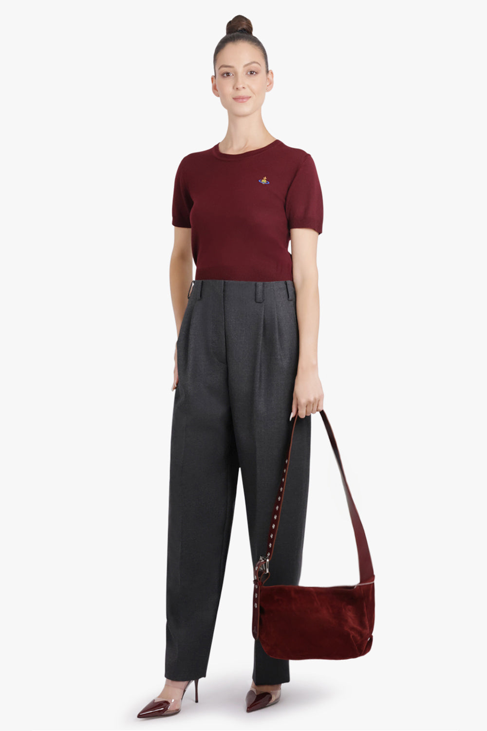 VIVIENNE WESTWOOD BAGS BURGUNDY / Burgundy Maxime Small Suede Crossbody Bag | Burgundy