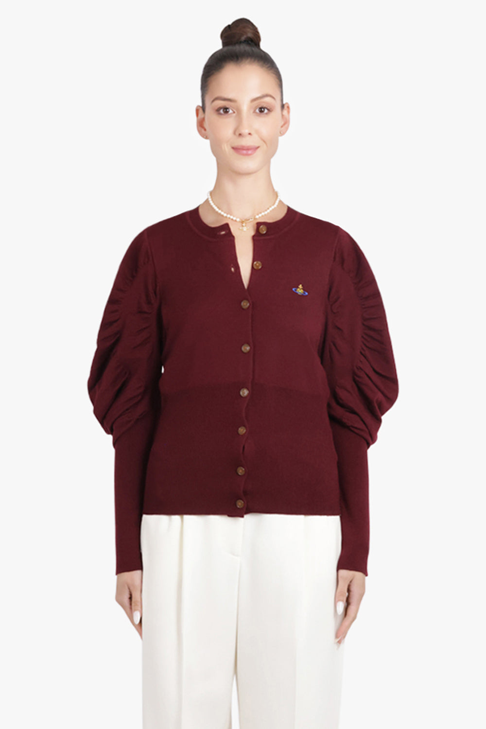 VIVIENNE WESTWOOD RTW Eli Balloon Shoulder Knit Cardigan | Brick Red