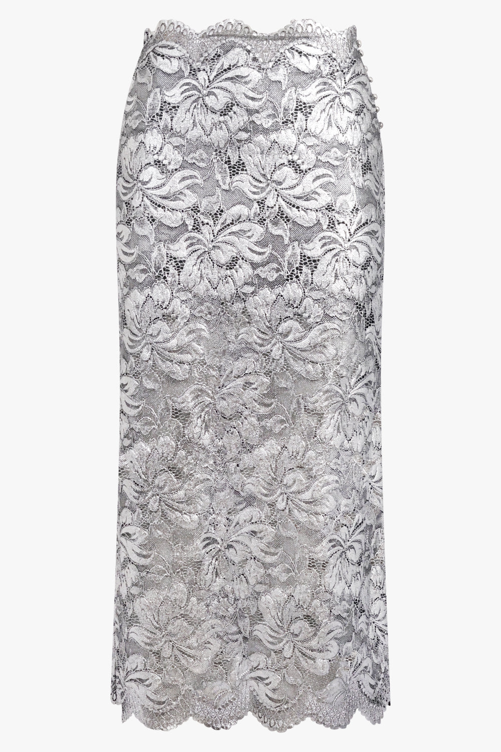RABANNE RTW Metallic Lace Straight Midi Skirt | Silver