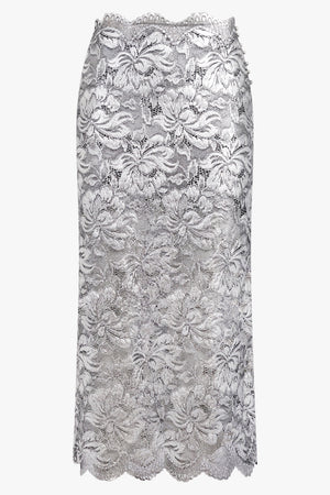 RABANNE RTW Metallic Lace Straight Midi Skirt | Silver