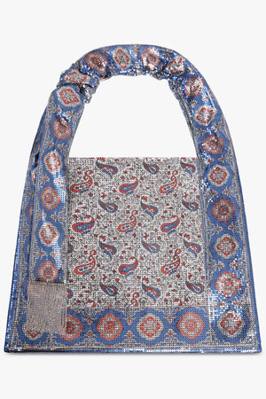 RABANNE BAGS PATTERN / Blue/Cream Scarf Mesh Paisley Print Hobo Shoulder Bag | Blue/Cream
