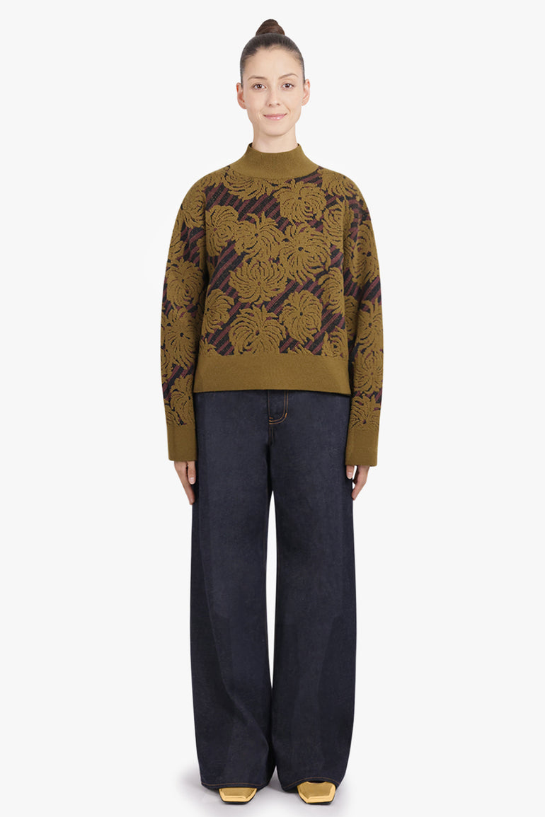 DRIES VAN NOTEN RTW Termoli Textured Floral Sweater | Khaki