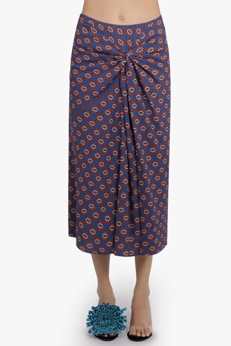 DRIES VAN NOTEN RTW Smila Draped Mosaique Print Midi Skirt | Blue