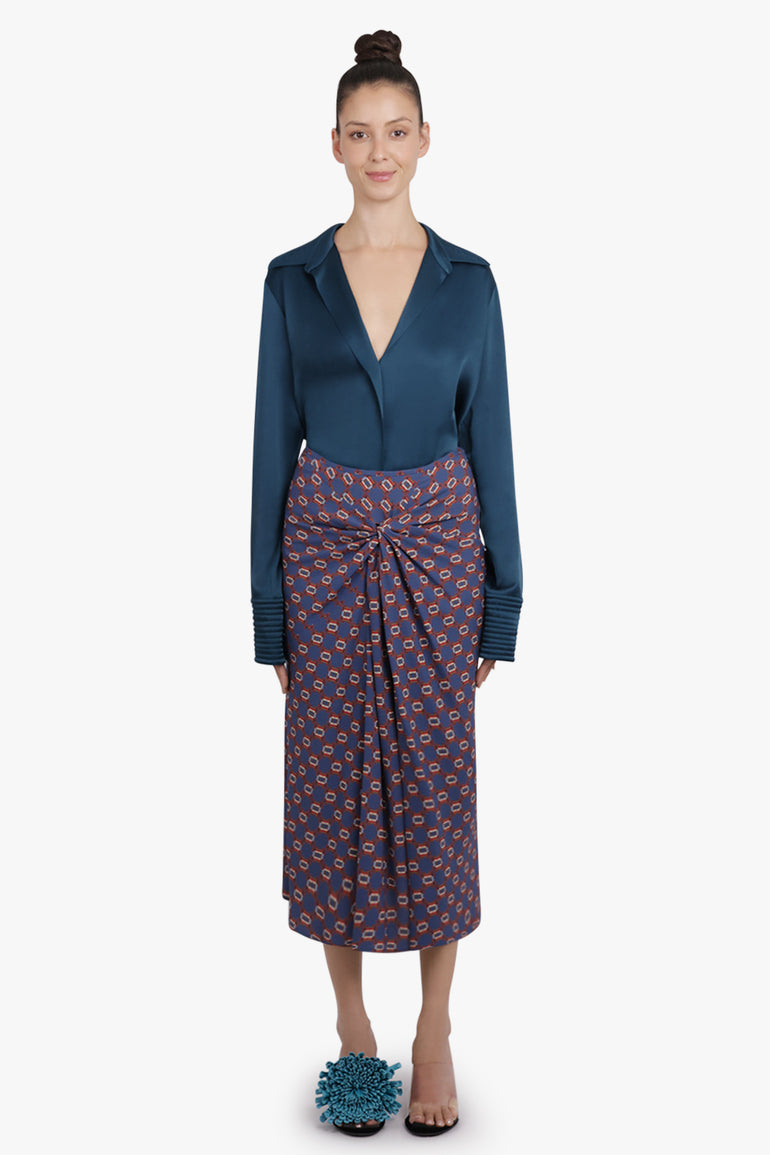 DRIES VAN NOTEN RTW Smila Draped Mosaique Print Midi Skirt | Blue