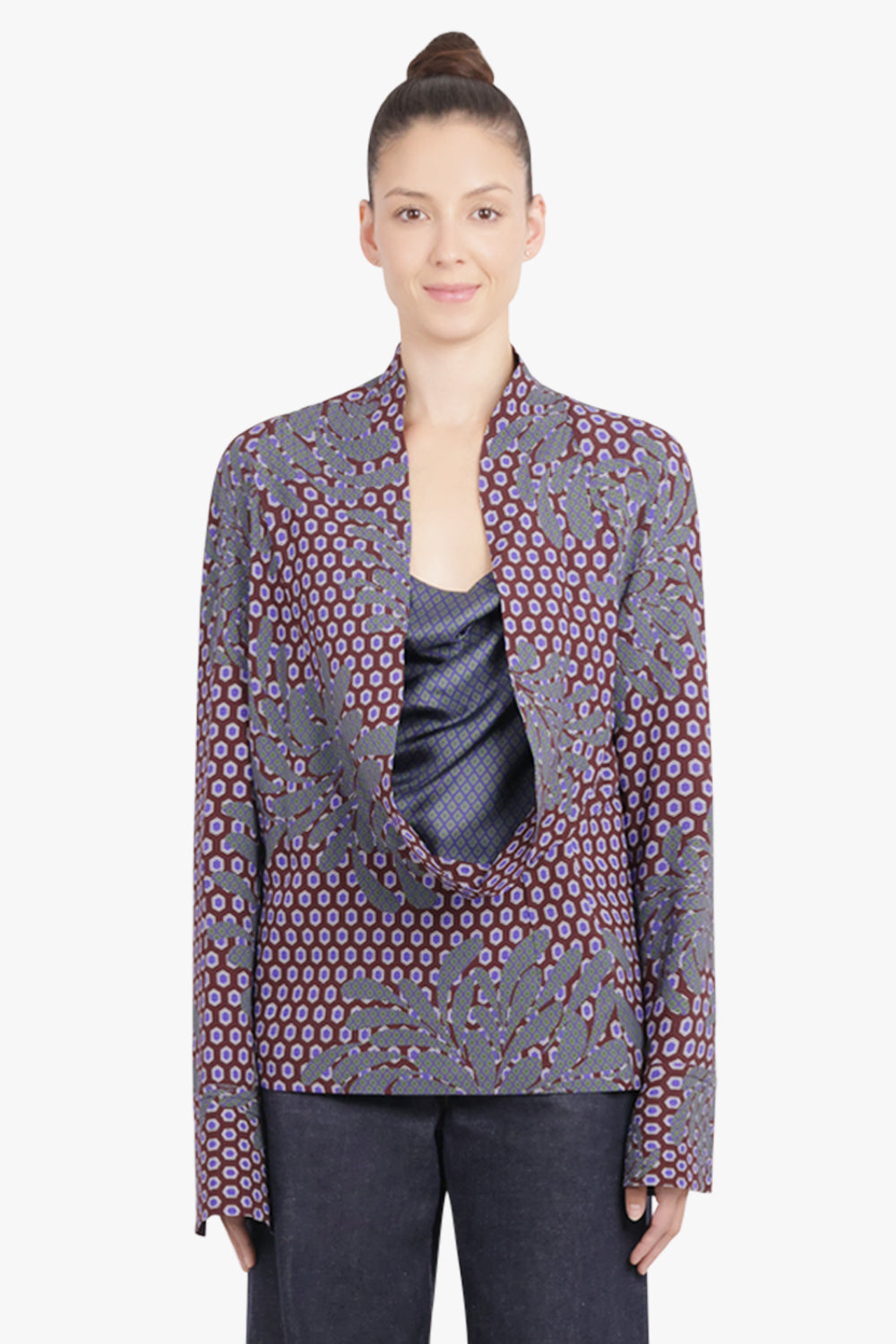 DRIES VAN NOTEN RTW Celsey Layered Floral Motif L/S Blouse | Purple/Blue