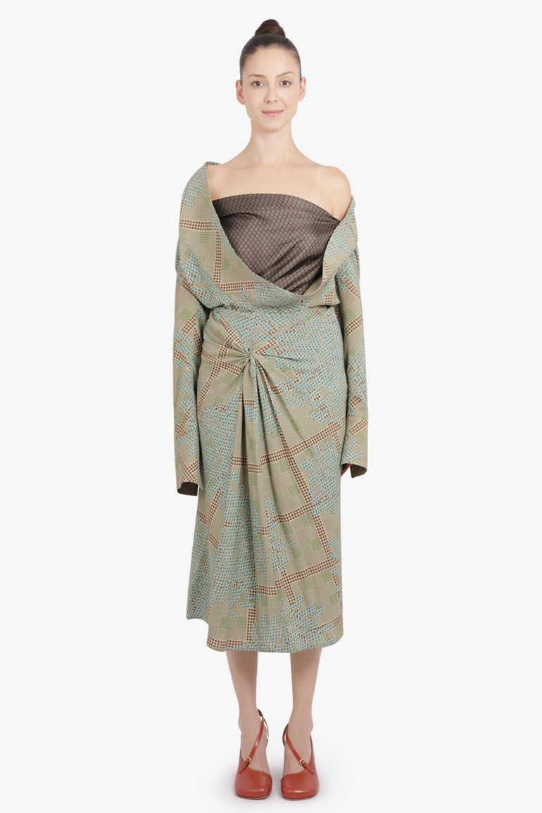 DRIES VAN NOTEN RTW Smila Draped Floral Motif Midi Skirt | Green/Multi