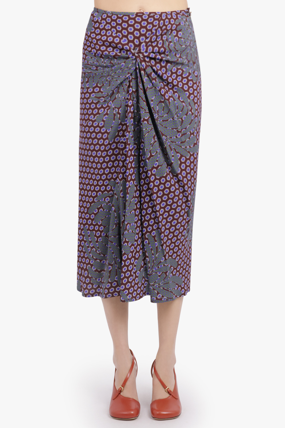 DRIES VAN NOTEN RTW Smila Draped Floral Motif Midi Skirt | Purple/Blue