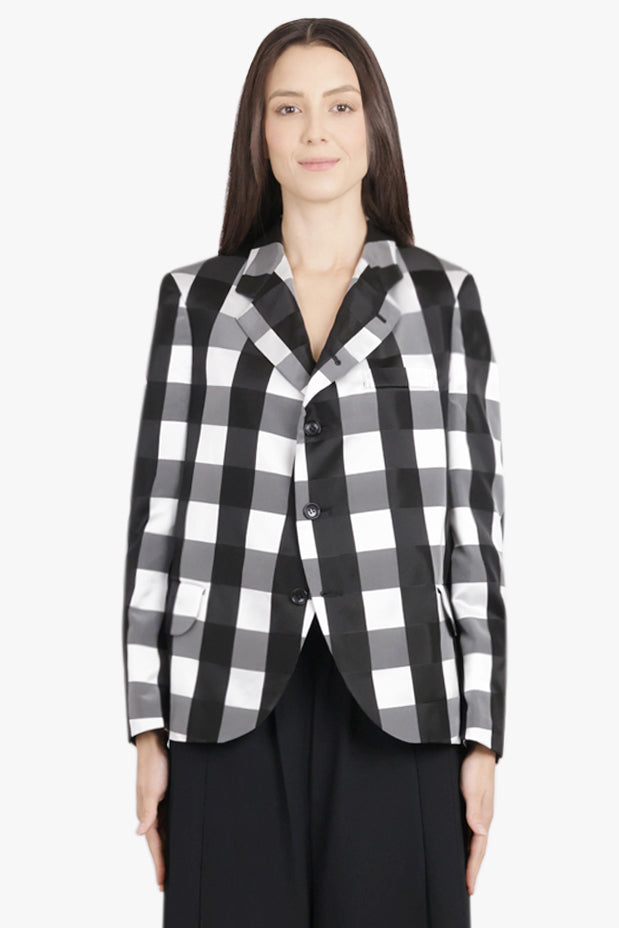 COMME DES GARCONS RTW Big Check Print Tailored Jacket With Curved Front | Black/White